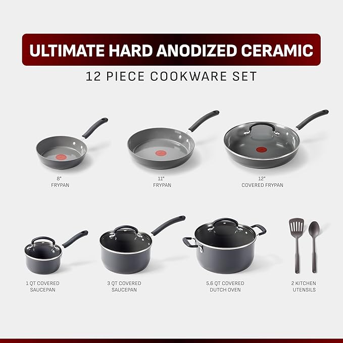 T-Fal Ultimate Hard Anodized 12-Piece Ceramic Nonstick Cookware Set, Oven Safe - Image 2