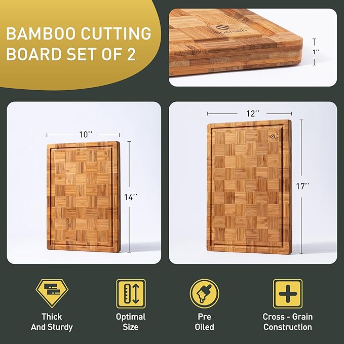 2 Pack Heavy Duty Bamboo Cutting Board Set Non Slip Over Sink Solid End Grain - Image 3