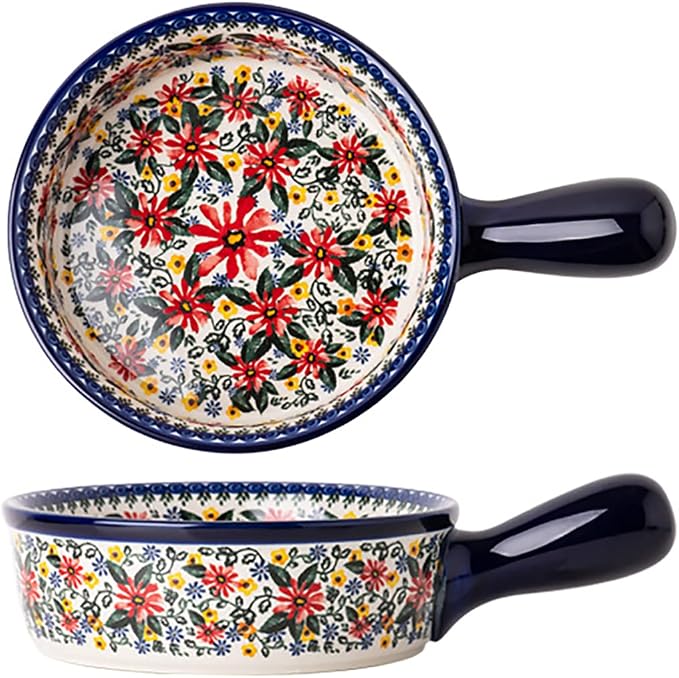 Red Daisy Flower Vintage Style Ceramic Bakeware Casserole Dish Baking Pan by Bicuzat