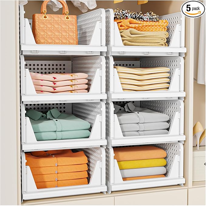 SNSLXH 5 Pack Stackable Closet Storage Basket, Space-Saving Clothes Storage by SNSLXH