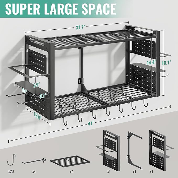 31 Inch Pot Rack Wall Mounted, 2-Tier Pots and Pans Organizer - Image 2