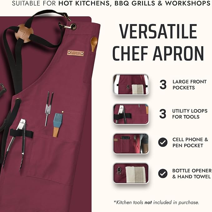 Asaya Chef and BBQ Apron with Bottle Opener and Hand Towel - 10oz Cotton Canvas - Image 2