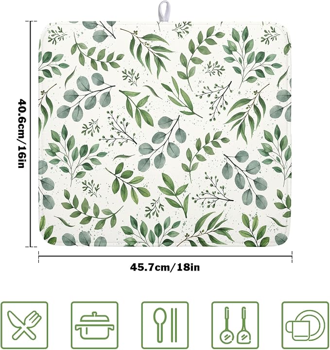 Kawani Sage Green Dish Drying Mat 16x18 In Absorbent Reversible Eucalyptus - Image 2