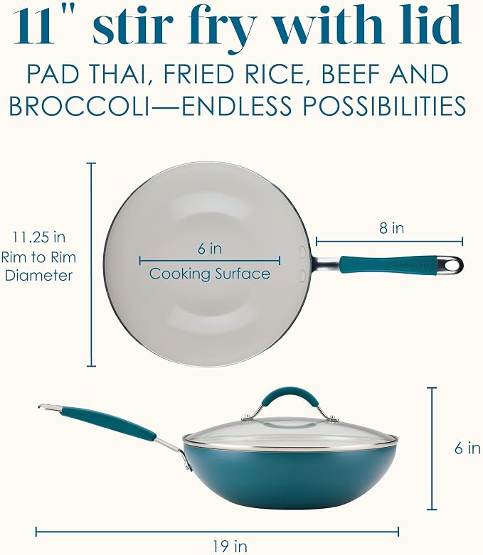 Rachael Ray Cucina Ceramic Nonstick Stir Fry Pan and Lid, 11 Inch Non Stick Wok - Image 2