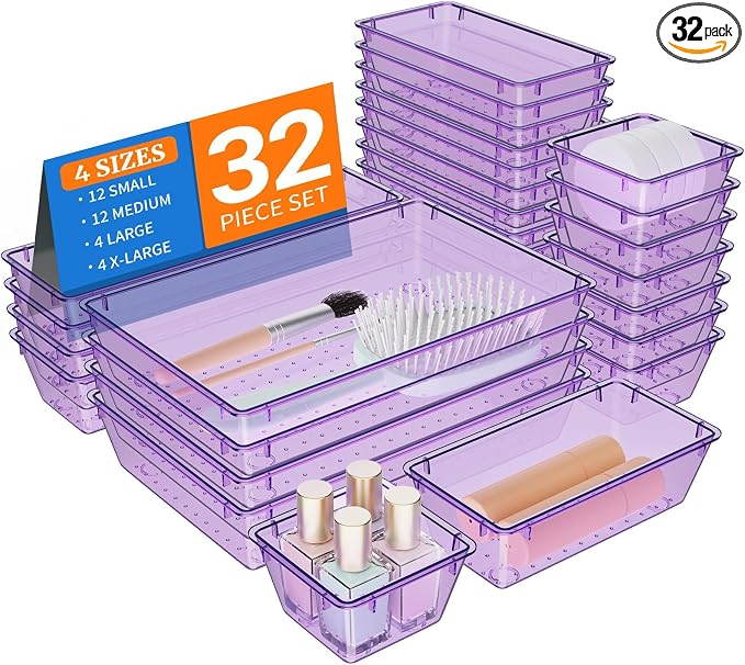 StorMiracle 32 PCS Clear Plastic Drawer Organizer Set, 4-Size vanity organizer by StorMiracle