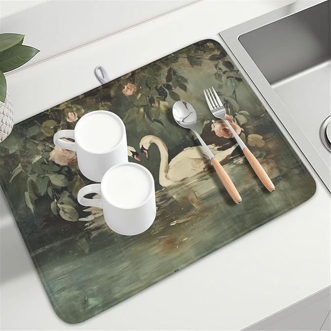 Swans Dish Drying Mat 24x18 Inch, Wildlife Aesthetic Dish Drainer Mats Summer - Image 8