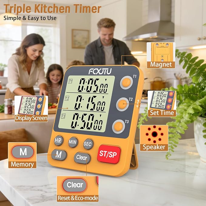 Digital Dual Triple Kitchen Timer, 3-Channel Magnetic Countdown Timer - Image 3