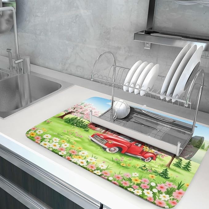 Spring Dish Drying Mat for Kitchen Counter Red Truck Flowers Microfiber - Image 5