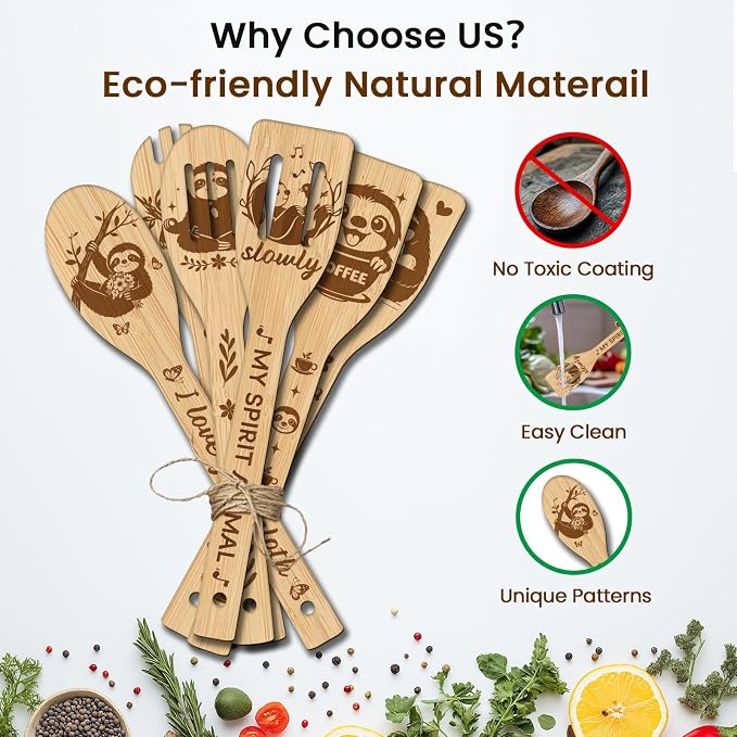 CUTHOLLOW 6PCS Sloths Wooden Kitchen Cooking Utensil Set, 11.9in Non Toxic - Image 3