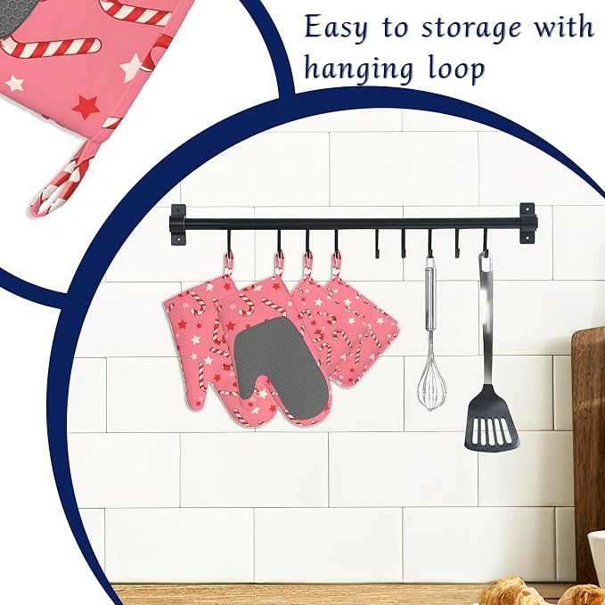 Pink Christmas Candy Cane Pot Holders and Oven Mitts Set Silicone Stars Kitchen - Image 3
