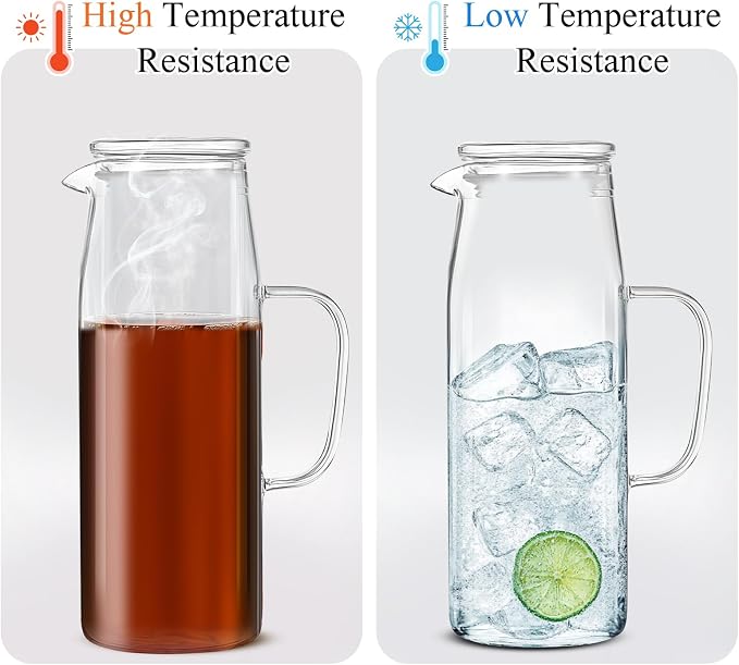 Hsei 2 Sets Glass Pitcher with Lid, 67.6 oz / 2000 ml Water Carafe with Handles - Image 6