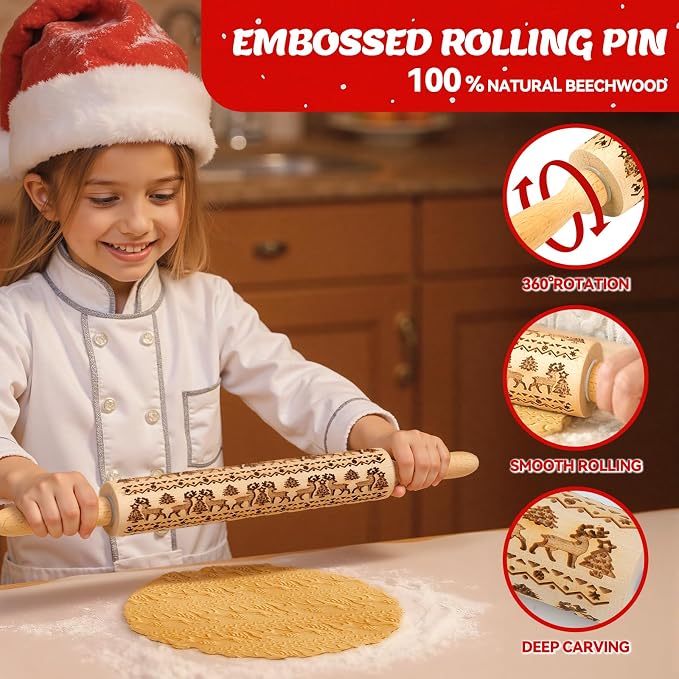 Stocking Stuffers Gifts for Women, Wooden Embossed Rolling Pin for Baking - Image 6