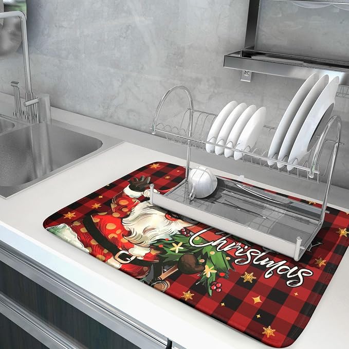 Merry Christmas Santa Claus Red Buffalo Plaid Dish Drying Mat - Image 5