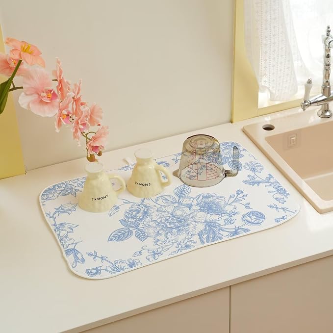 Baby Blue Chinoiserie Floral Dish Drying Mat 18 x 24 inch Vintage Flower - Image 6