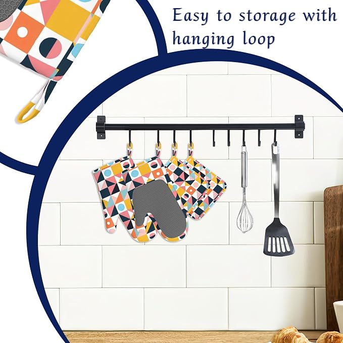 Oven Mitts and Pot Holders Sets Abstract Geometric Silicone Kitchen Mits - Image 3