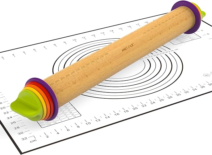 Rolling Pin with Thickness Rings and Pastry Baking Mat, 13.6" Adjustable Wooden by MeppleMakeYourLifeSimple