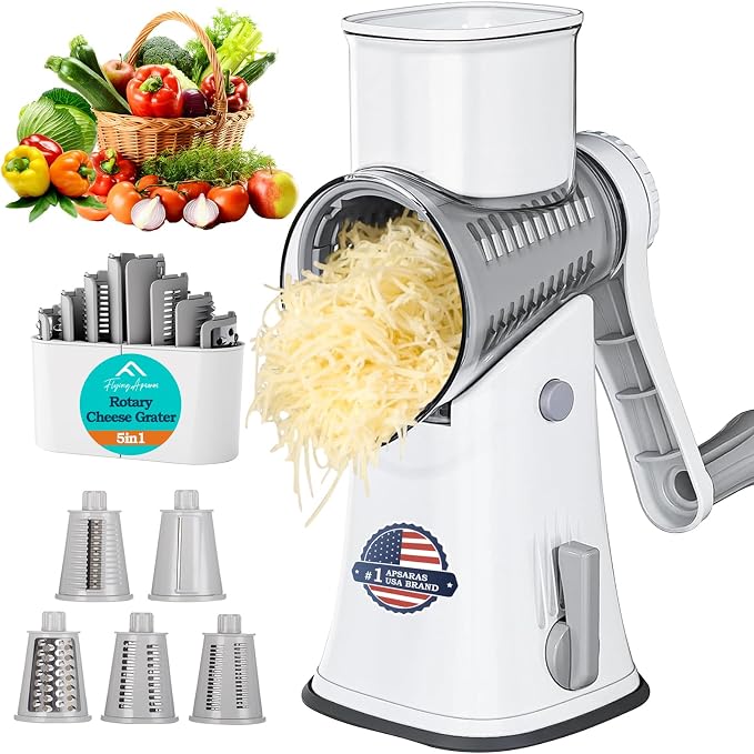 APSARAS USA Cheese Grater Hand Crank, Rotary Cheese Grater, 5 in 1 Rotary Grater by FLYINGAPSARAS