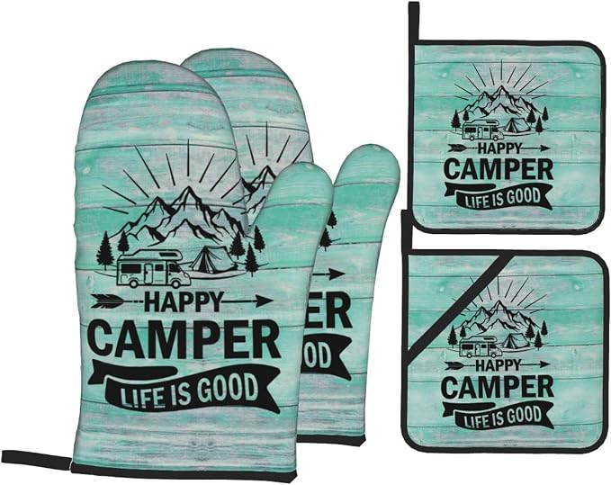 Happy Camper Oven Mitts and Pot Holders Sets of 4, Resistant Hot Pads by Nelife