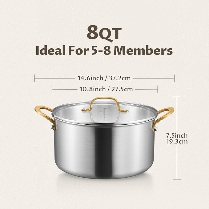 BEZIA 8 Quart 3-Ply Stainless Steel Stockpot, Soup Pot - Image 2