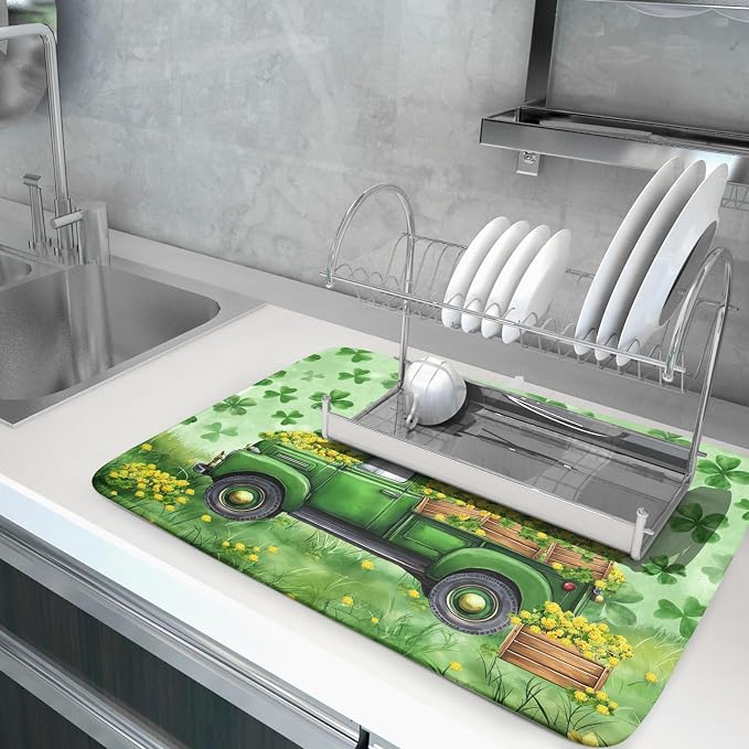 Green Holiday Dish Drying Mat Lucky Clover Truck Drying Mat - Image 5