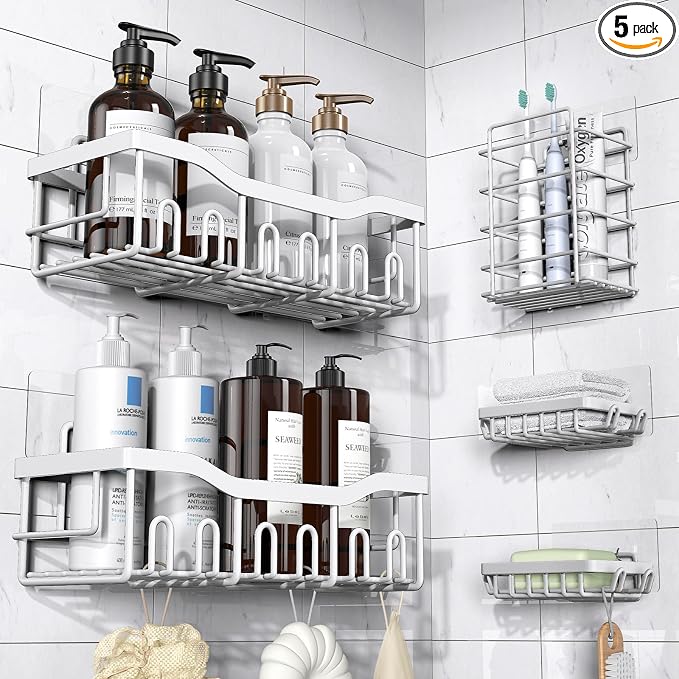 EUDELE 5-Pack Rustproof Stainless Steel Shower Caddy Set– No Drill Adhesive by EUDELE