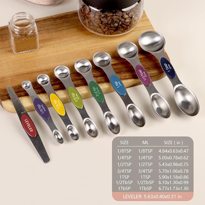 ChefAide Pack of 8 Stainless Steel Magnetic Measuring Spoons Set, Dual Sided - Image 2