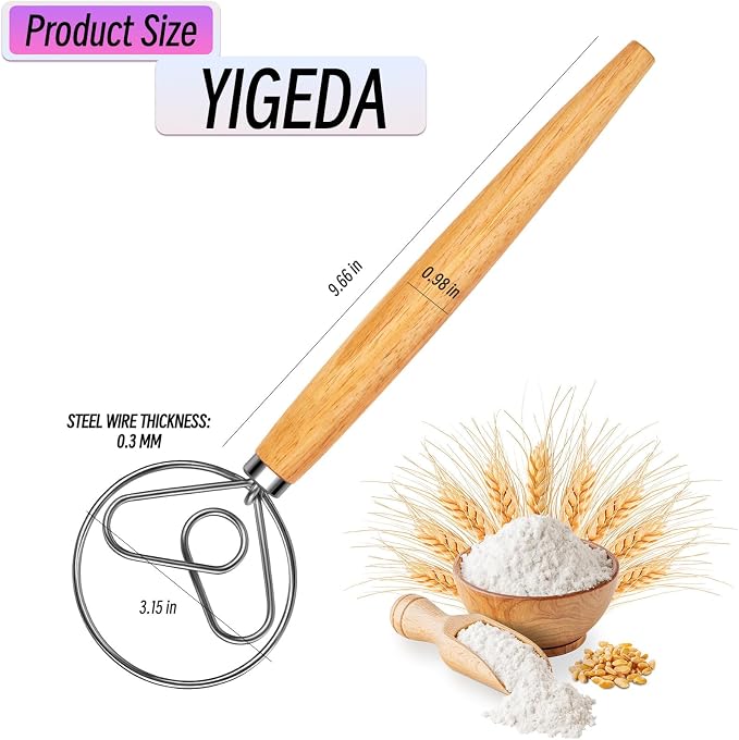 Danish Dough Whisk with Dough Hook Stainless Steel Wooden Handle - Image 6