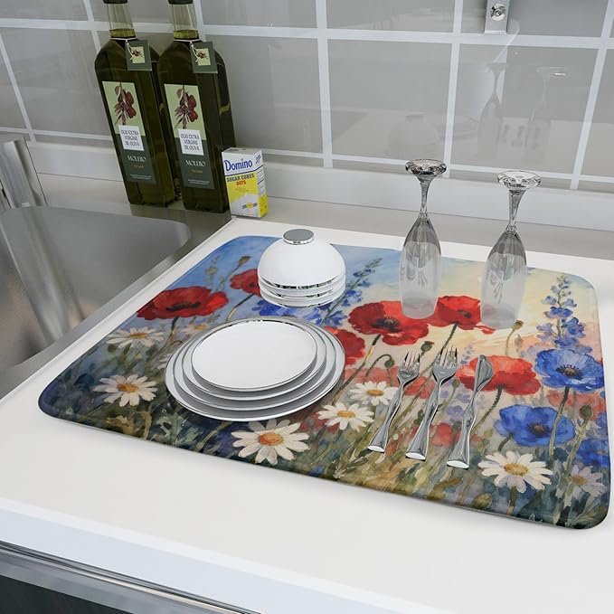 4th of July Dish Drying Mat for Kitchen Counter 18x24 Patriotic Floral - Image 6