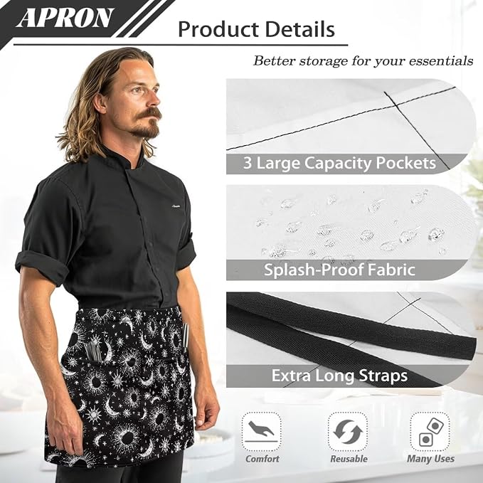 Server Apron with 3 Pockets, Waterproof Oil Waitress Waiter Half Apron - Image 6