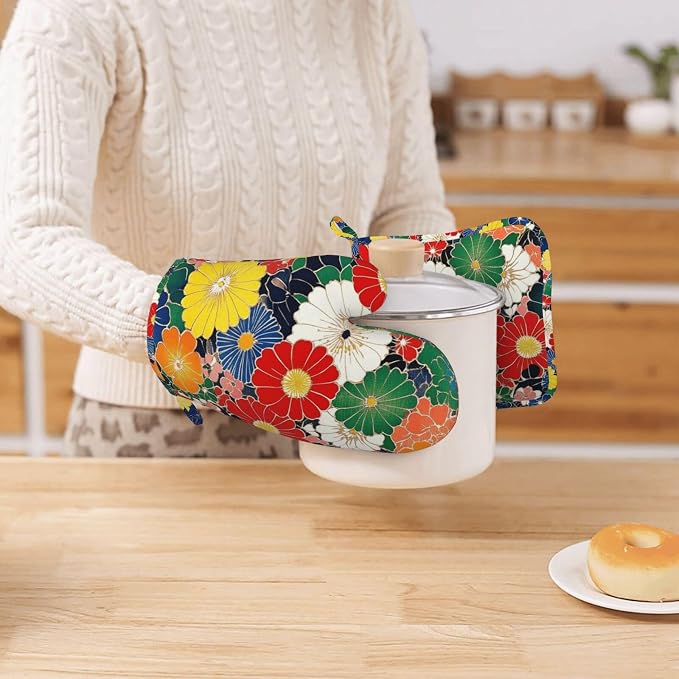 Oven Mitts and Pot Holders Flower Ethnic Art Pattern Silicone Kitchen - Image 7