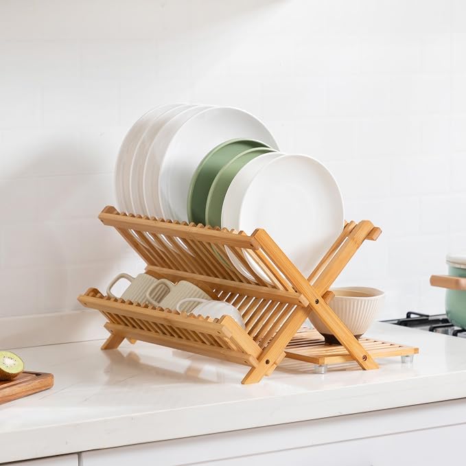 Bamboo Dish Drying Rack with Utensil Holder, 3 Tier Collapsible Dish Rack - Image 8