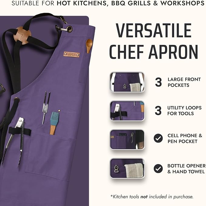 Asaya Chef and BBQ Apron with Bottle Opener and Hand Towel - 10oz Cotton Canvas - Image 2