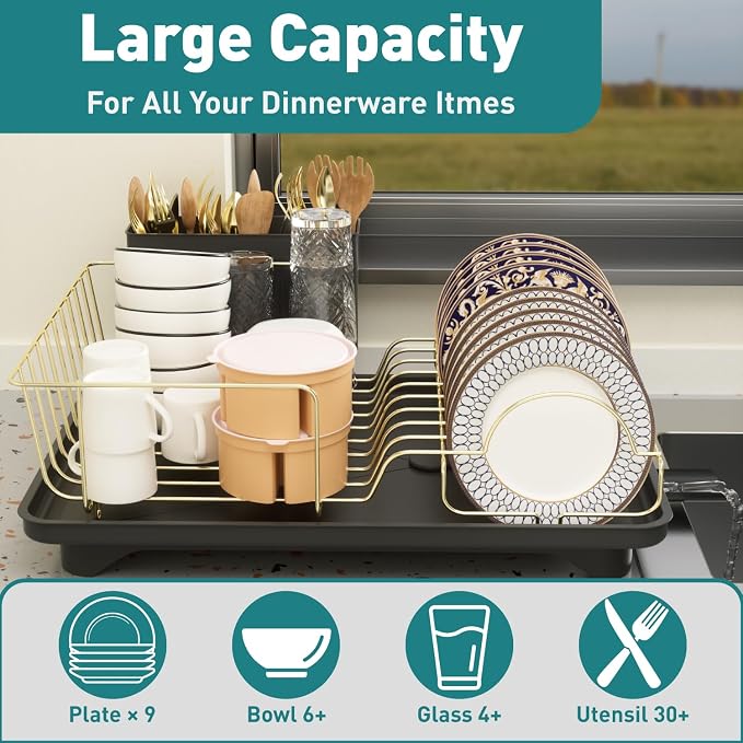 Buruis Dish Drying Rack for Kitchen Countertop, Large Capacity Gold Stainless - Image 4