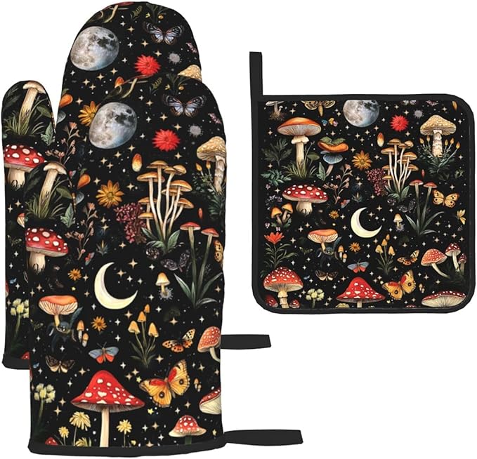 Cute Mushroom Oven Mitts and Pot Holders Sets of 3, Heat Resistant Black Hot by Unknown