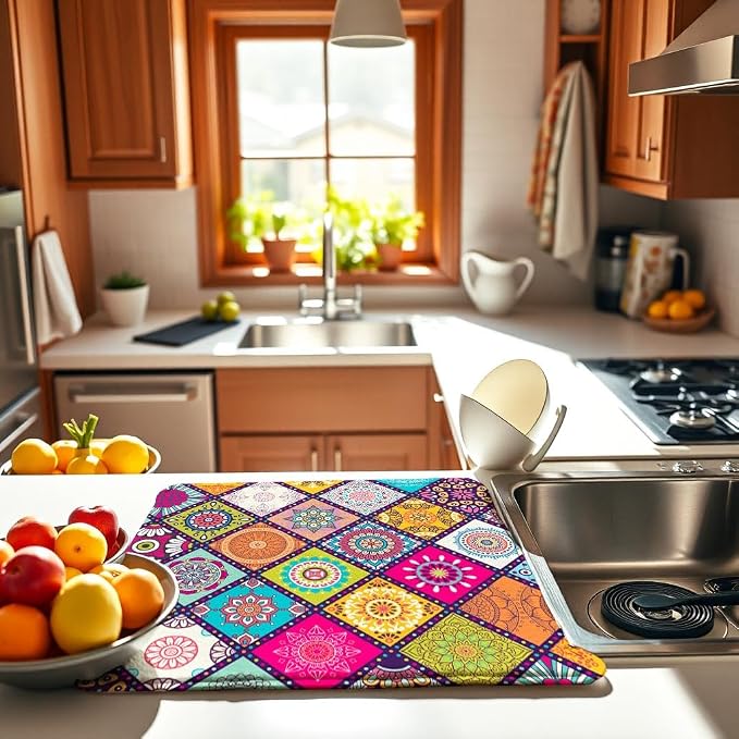 Plaid Floral Large Dish Drying Mats, Reversible Boho Dish Drying Pads - Image 3