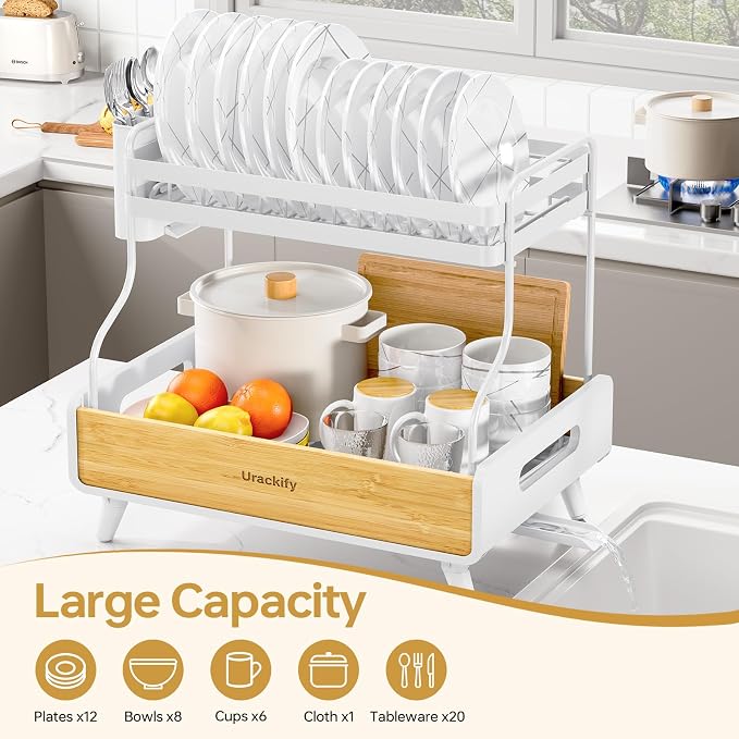 Urackify 2-Tier Dish Drying Rack, Large Stainless Steel & Bamboo Dish Rack - Image 2