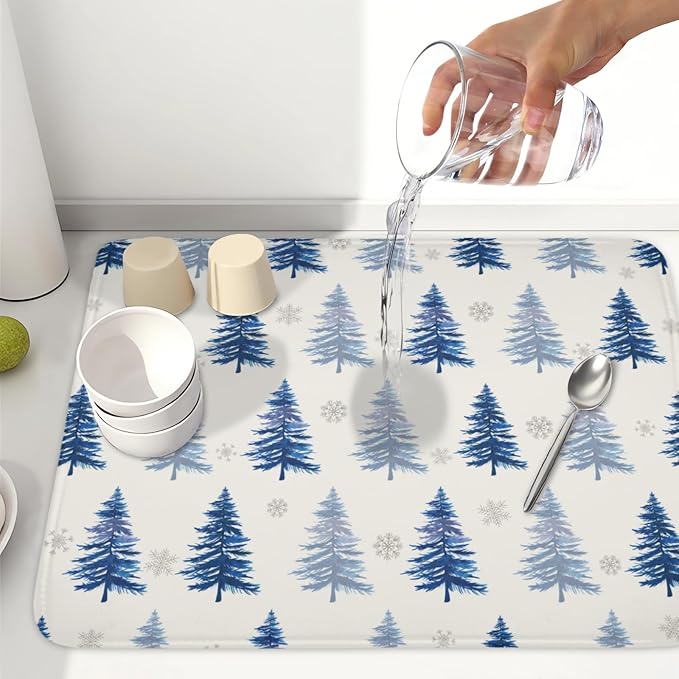 Winter Dish Drying Mat 18 x 24 Inch Blue Tree Dish Drying Pad Absorbent - Image 6