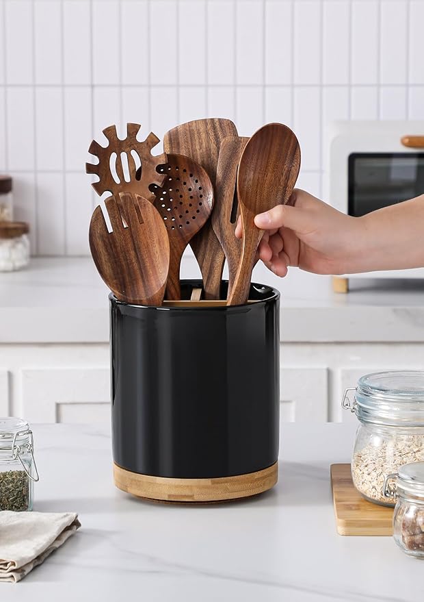 LoeJan 3 Compartment Utensil Holder, Extra Large Utensil Crock, Stable Ceramic - Image 4