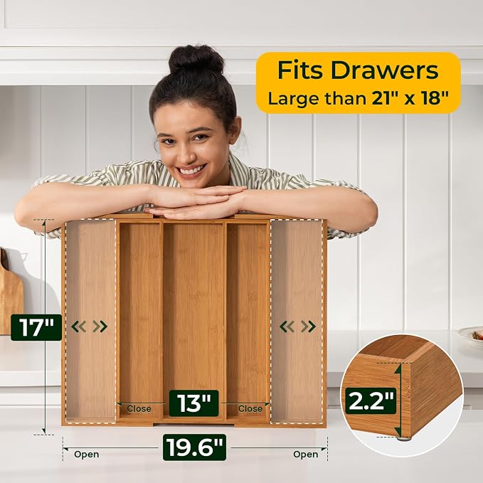 Carbonized Bamboo Kitchen Drawer Organizer, 5 Slots Expandable Silverware - Image 4