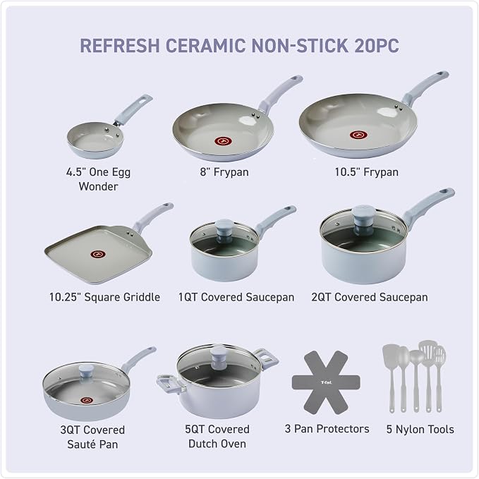 T-Fal Refresh Ceramic Nonstick Cookware Set, Oven Safe to 350°F, Includes - Image 2