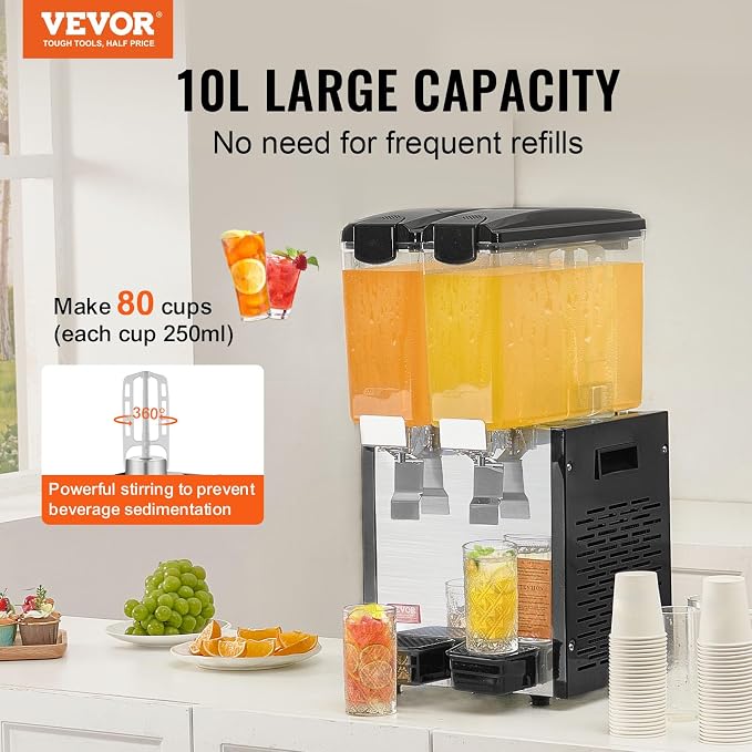 VEVOR Commercial Beverage Dispenser, 2 Tanks 10 L / 10.6 QT Per Tank Juice - Image 2