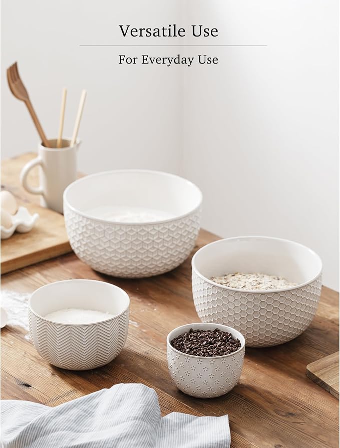 Ceramic Mixing Bowls, Embossed Nesting Bowls Set of 4, Mixing Bowl Set - Image 5