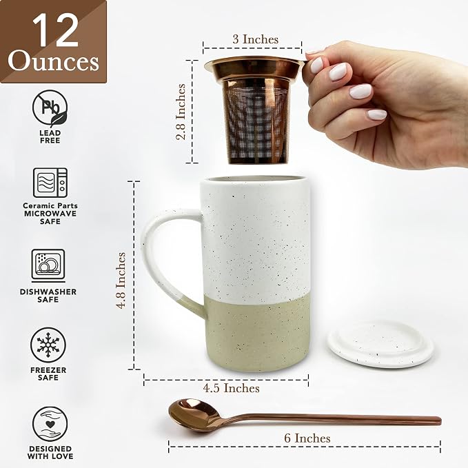 Mora Ceramics Tea Cup with Loose Leaf Infuser, Spoon and Lid, 12 oz, Microwave - Image 2