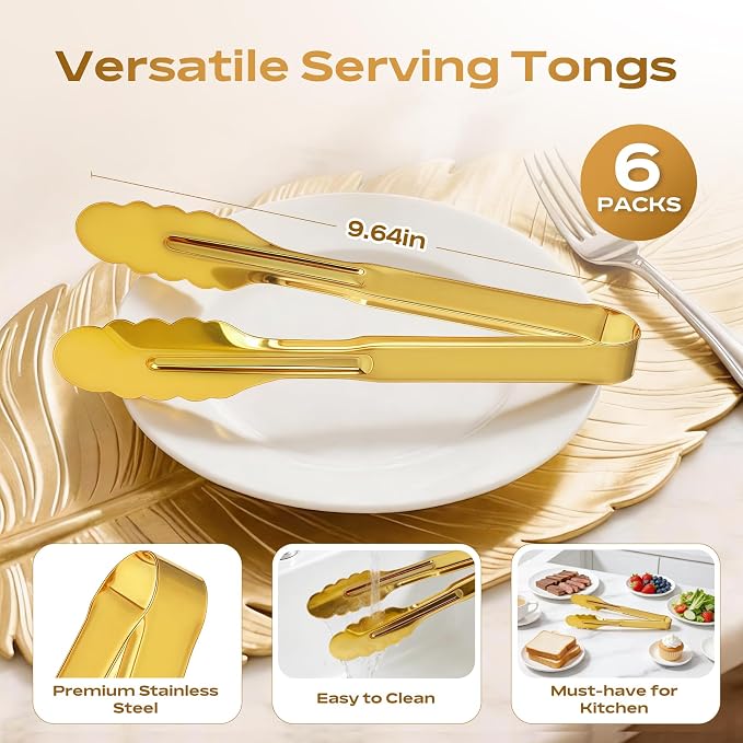6 Pack Stainless Steel Serving Tongs, 9 Inch Gold Salad Tongs Serving Utensils - Image 2