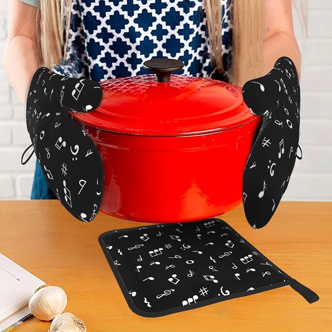 Music Notes Oven Mitts and Pot Holders Sets of 3 Black Hot Pads Musicial Oven - Image 7