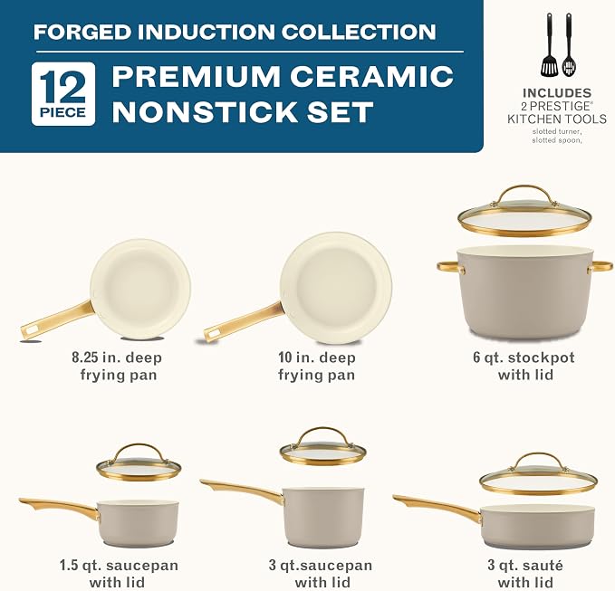 Farberware Forged Induction Ceramic Nonstick Cookware Set, Taupe Pots & Pans - Image 2