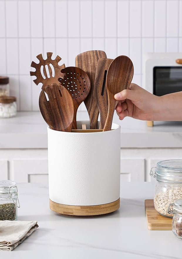 LoeJan 3 Compartment Utensil Holder, Extra Large Utensil Crock, Stable Ceramic - Image 6