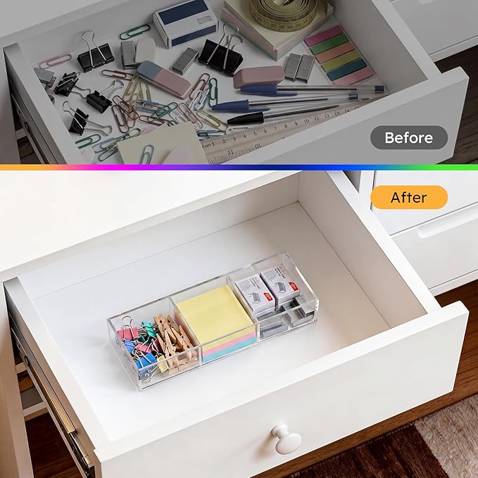 HIIMIEI 3 Section Clear Acrylic Drawer Organizer Tray, Office & Makeup Drawer - Image 3