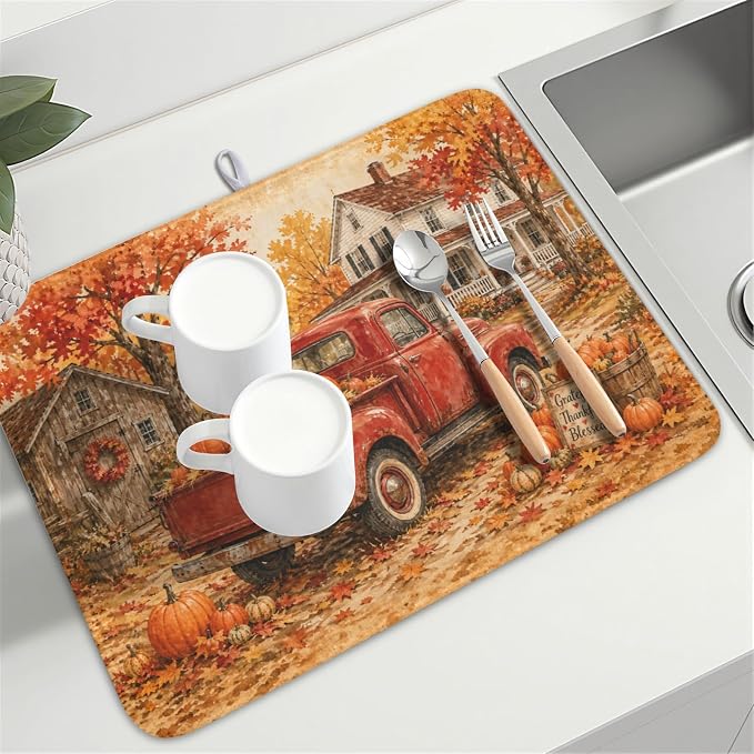 Fall Pumpkin Dish Drying Mat for Kitchen Counter Thanksgiving Autumn Harvest - Image 8