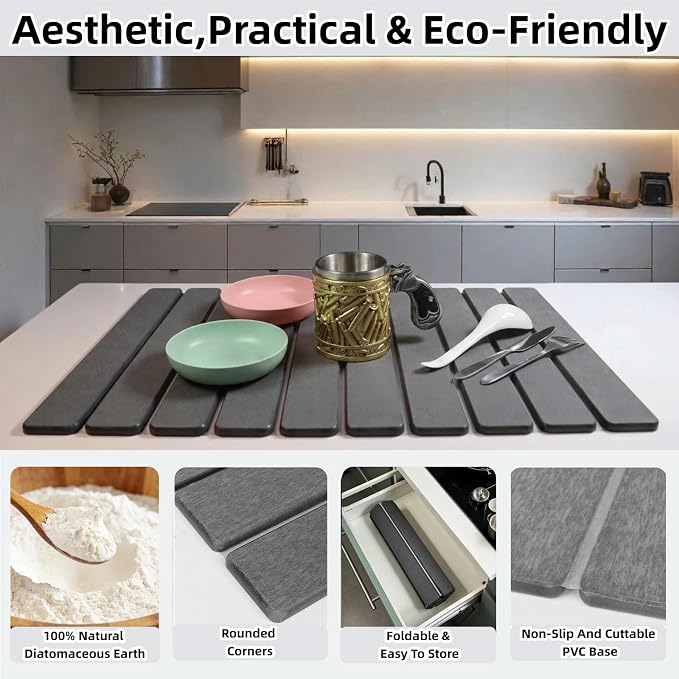 Large Stone Dish Drying Mat for Kitchen Counter Sink Bathtub, Diatomaceous - Image 3